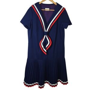 Vintage Lane Bryant Over 5'7" Shop Sailor Dress Navy Blue Pleated 44 Chest